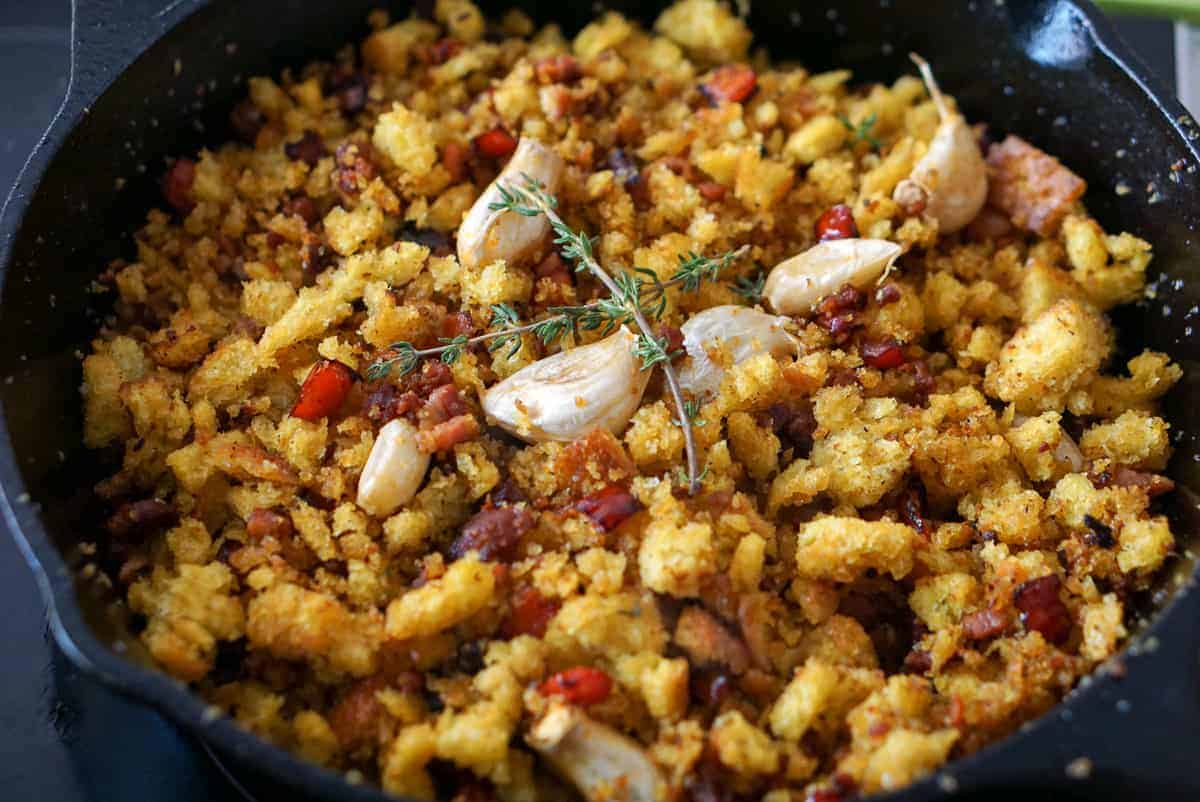 Fried breadcrumbs con chorizo in a cast iron skillet