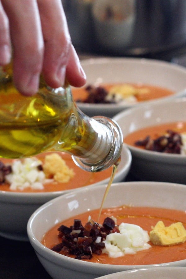 After buying olive oil in Granada, you'll want to use it on everything! We particularly love drizzling some on top of salmorejo soup.