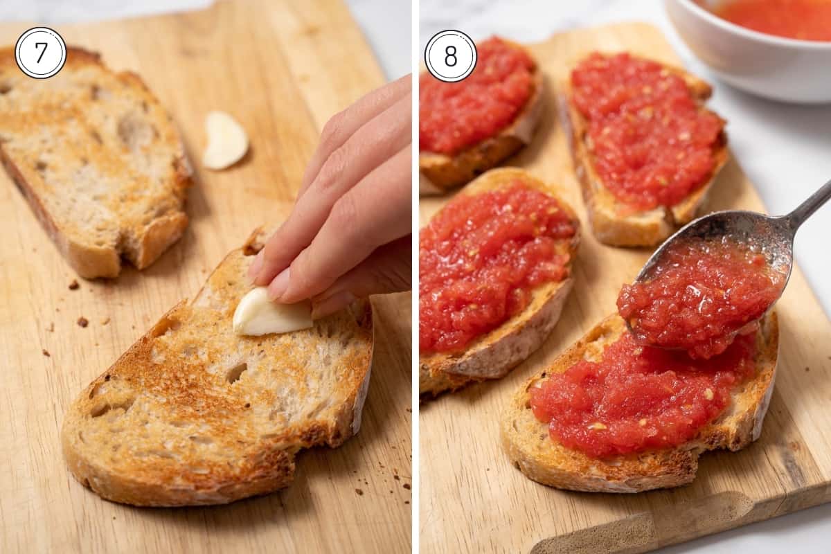 Pan con Tomate Steps 7-8 in a grid - rubbing garlic on toasted bread and topping with tomato sauce