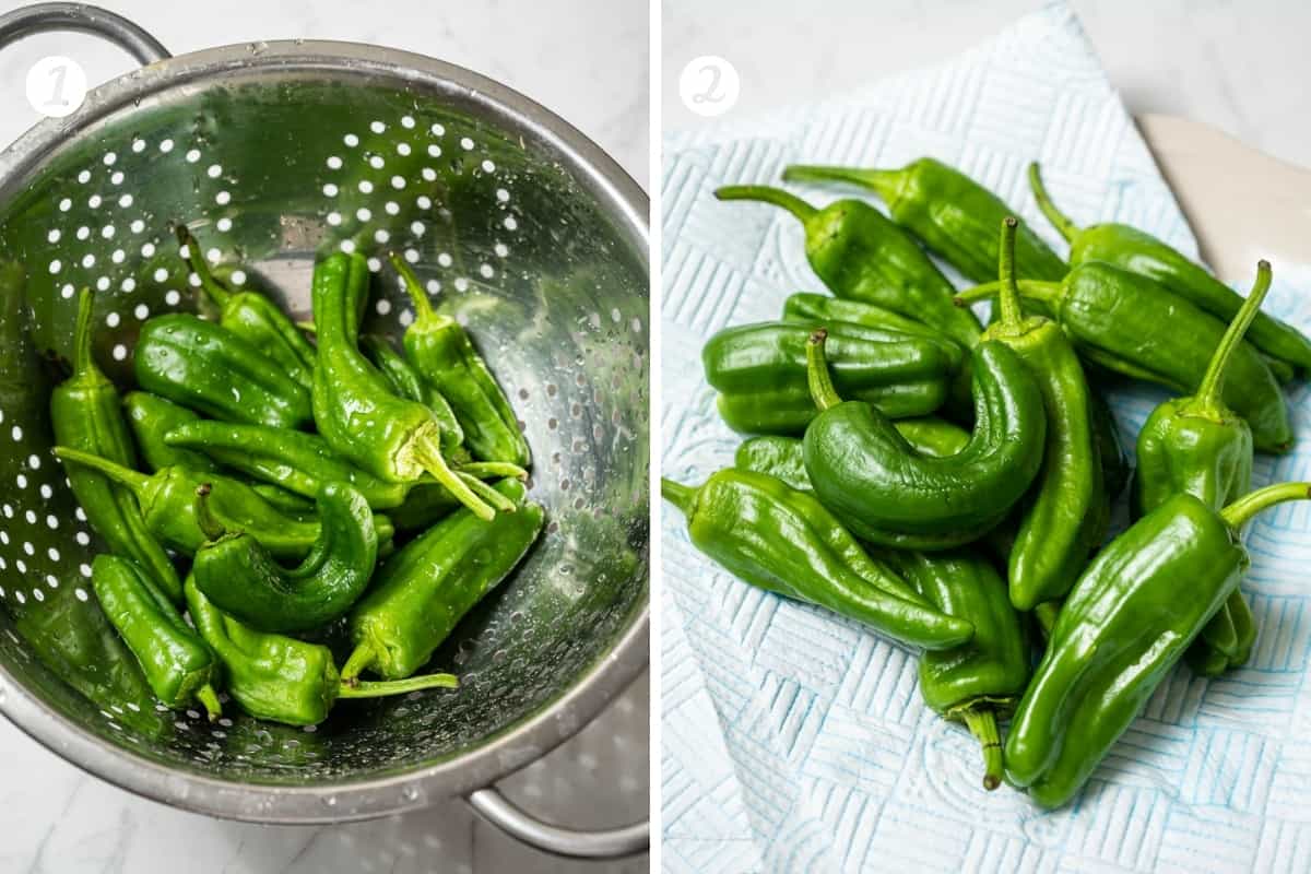 Step by step photos for making padron peppers. Step 1 wash the peppers in a colander. Step 2 dry on paper towels.