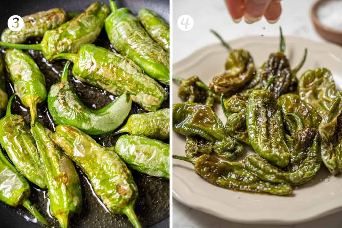 Making padron peppers steps 3-4 in a grid. Frying the peppers in oil. A plate of the fried peppers and a hand sprinkling salt.