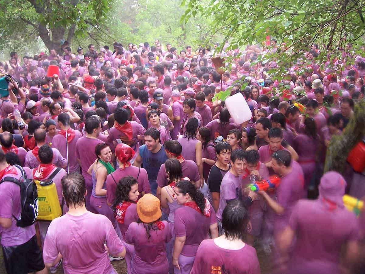 A crowd of people participating in the Haro Wine Battle with purple wine-stained clothing.