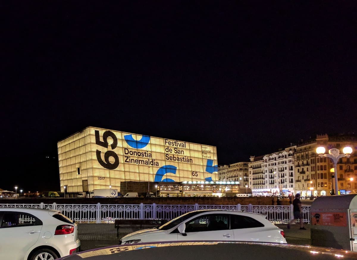 The Kursaal Congress Center in San Sebastian illuminated for the city's annual film festival.