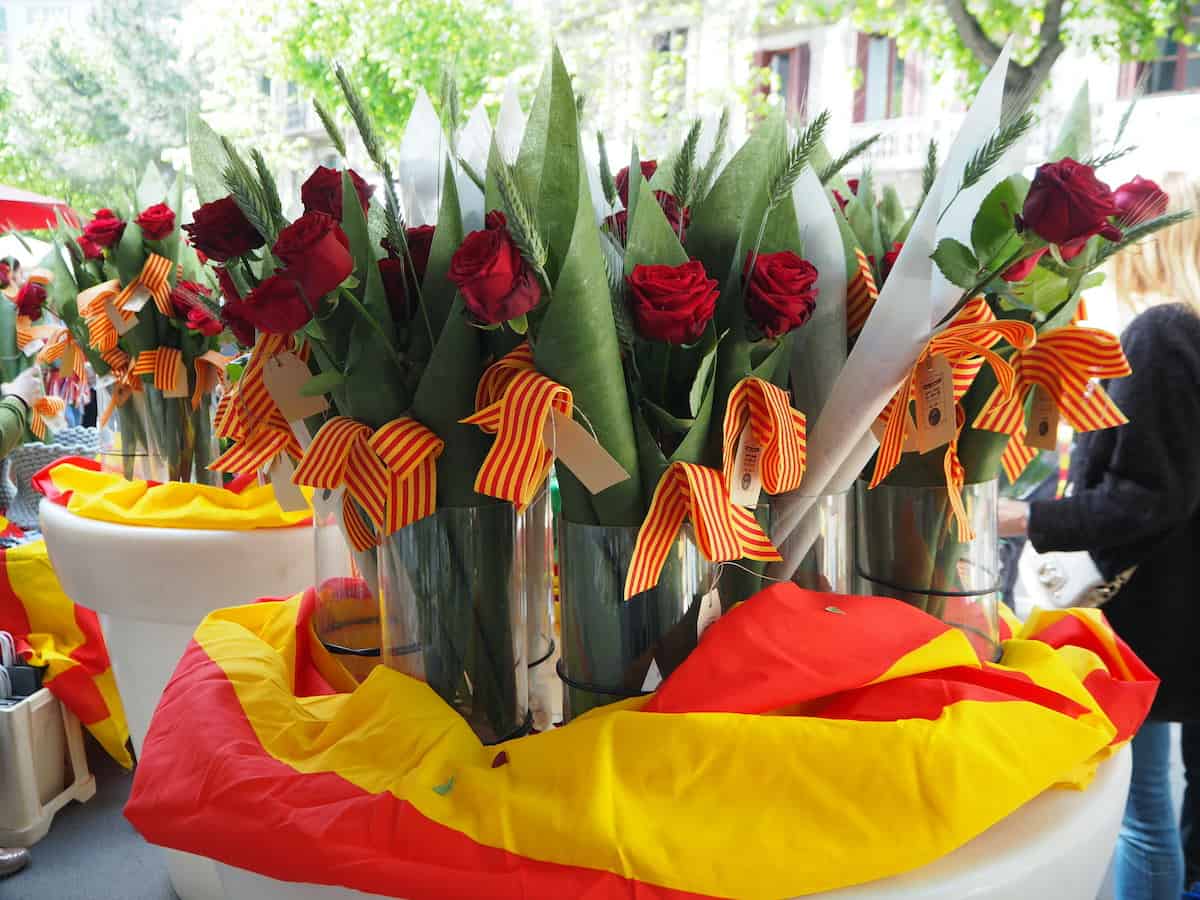 A display of red roses decorated with red and yellow Catalan flag ribbons.