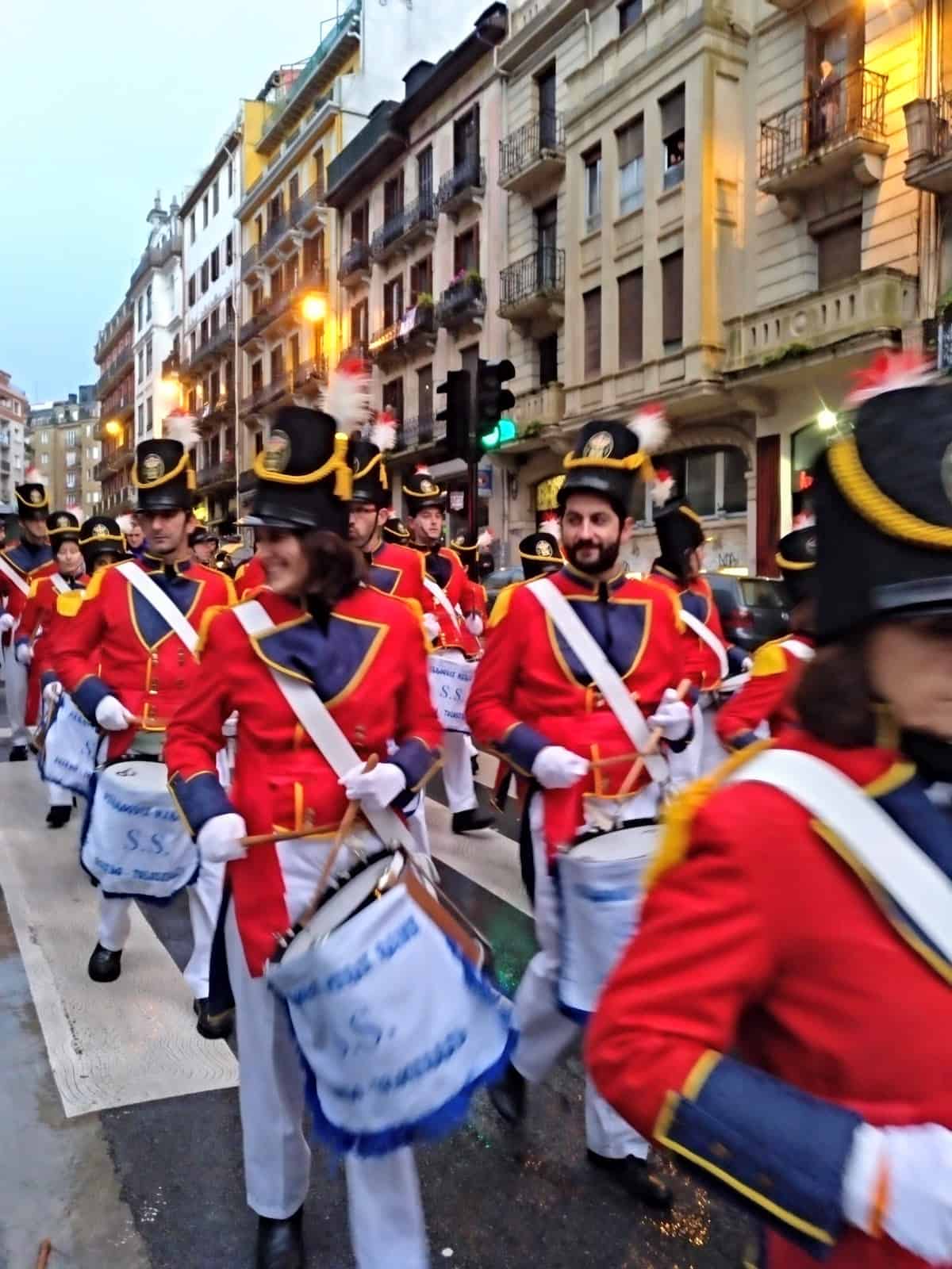 A drum line performing in the street at the Tamborrada festival in San Sebastian.