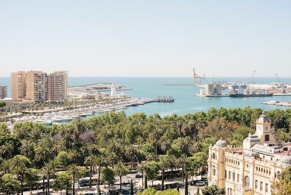 Panoramic view of Malaga, with an old building, palm trees, high-rise buildings, and a marina. 