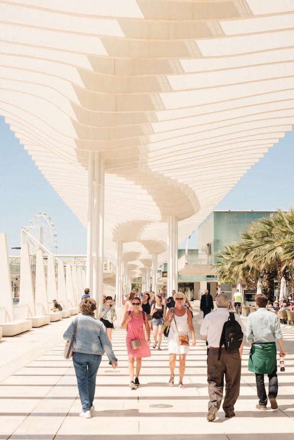 People walking along a sunny walkway with palm trees and an undulating white structure above it.