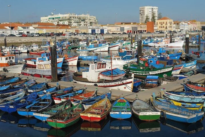 Setúbal's harbor, crowded with colorful boats of all sizes, with the city in the background.