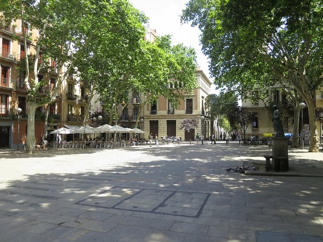 A large sunny square with trees, historic buildings, and cafe terraces.