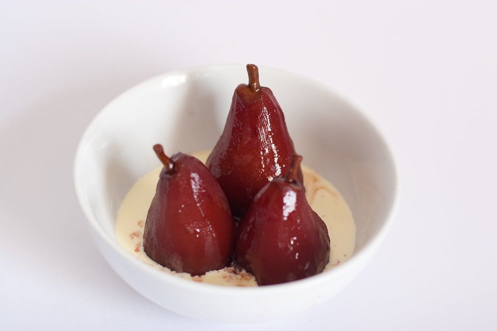 Delicious poached pears in red wine recipe.