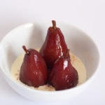 Pears poached in red wine and spices.