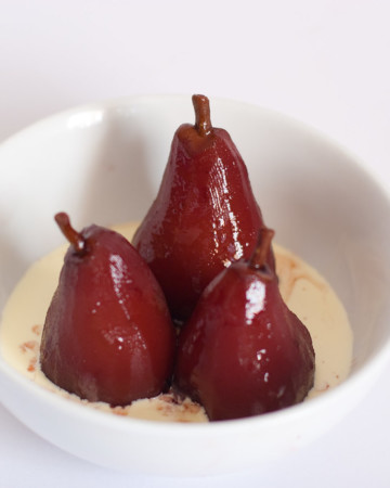 Pears poached in red wine and spices.