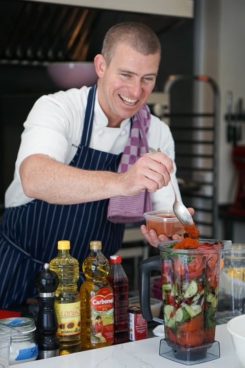 Roasted vegetable gazpacho with Chef Ross in Mallorca.