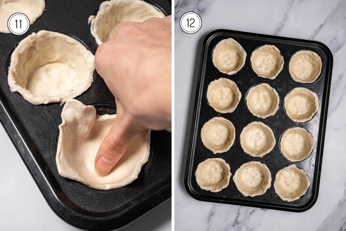 Pressing dough into muffin tins.
