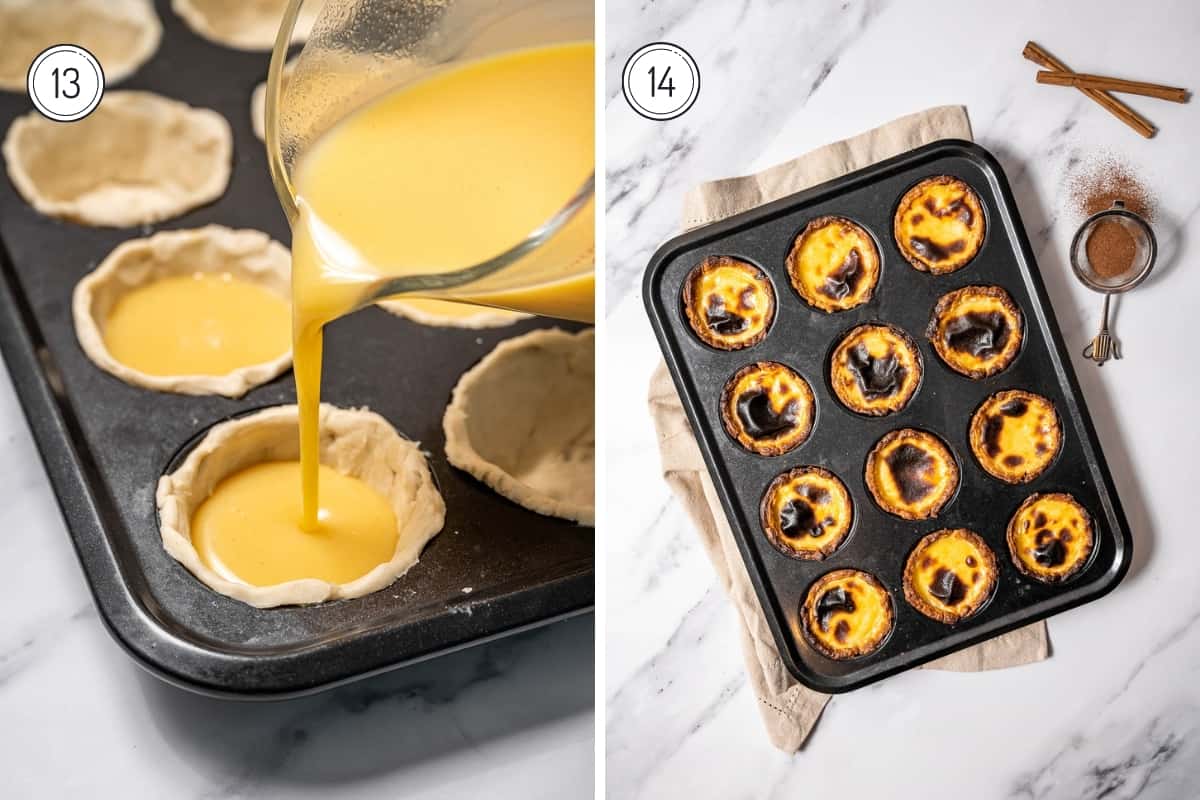 Steps 13-14 of making pasteis de nata. Filling the pastel de nata shells and then the finished pasteis de nata in a muffin tin out of the oven.