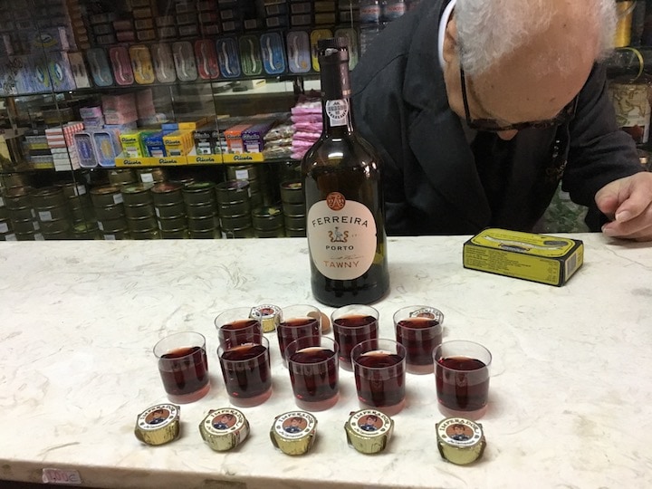 Samples of port wine and chocolate on our food tour in Lisbon.