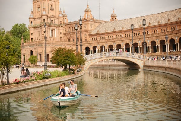 Seville with kids - boats in Plaza de España