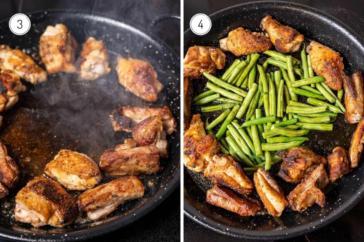 Steps 3-4 of making Valencian paella. Pushing the meat to the sides of the pan and adding the green beans in the center.