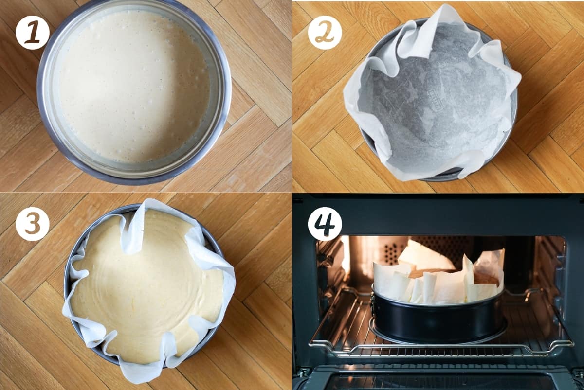 Basque cheesecake recipe step by step photos. A mixing bowl, a parchment paper lined springform pan, the batter in the pan, putting the cake in the oven.