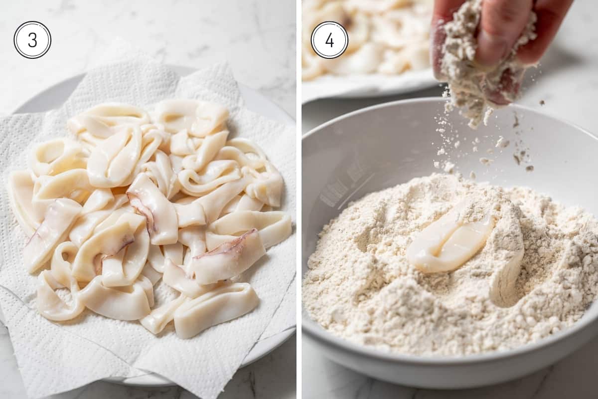 Fried calamari steps 3-4 in a grid. Drying the calamari rings on paper towels. Sprinkling flour mixture on the raw calamari in a large bowl.