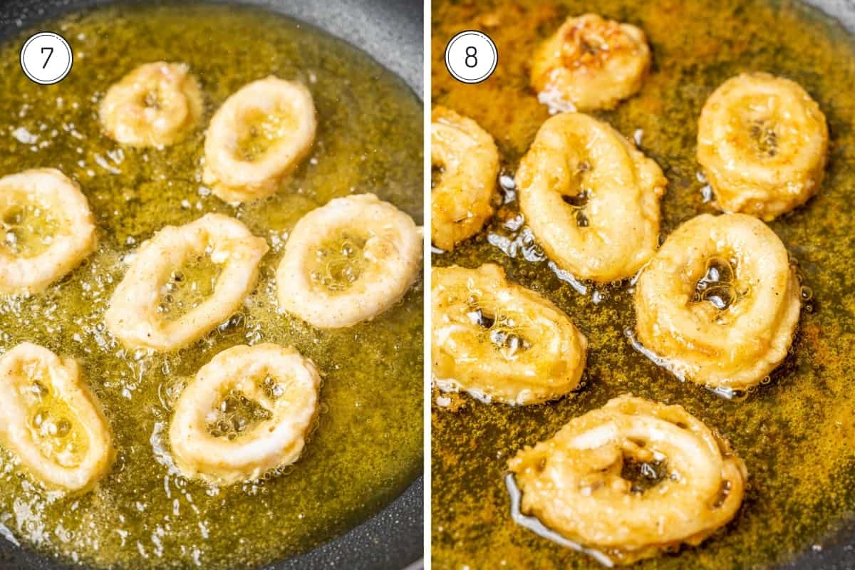 Steps 7-8 of making fried calamari in a grid. Frying the squid on one side and then the other.