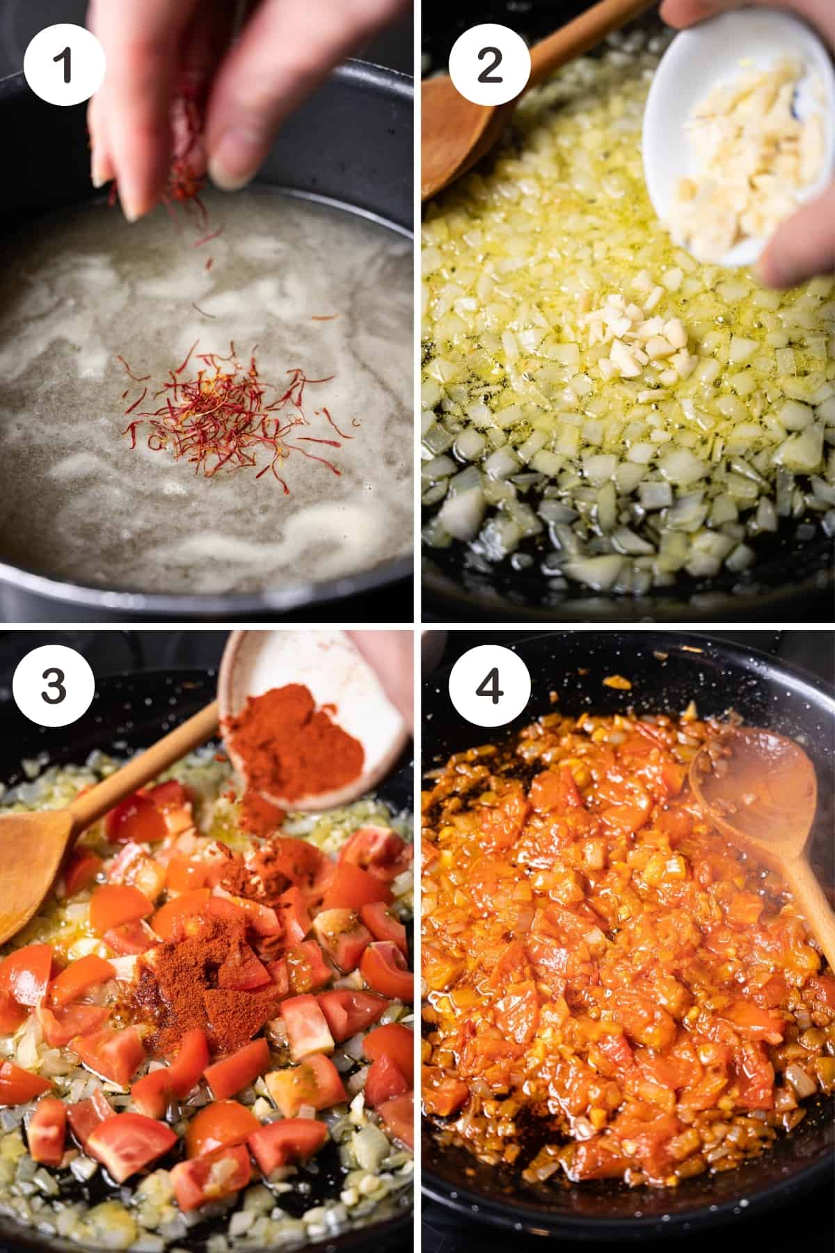 Seafood paella steps 1-4 in a grid.