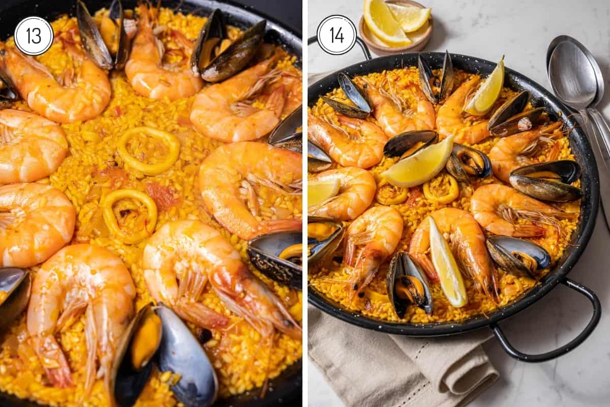 Making seafood paella steps 13-14 in a grib