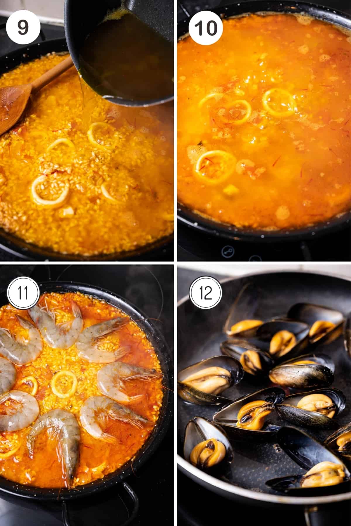 Seafood paella steps 9-12 in a grid. Adding stock and then shrimp to the rice. Steaming mussels.