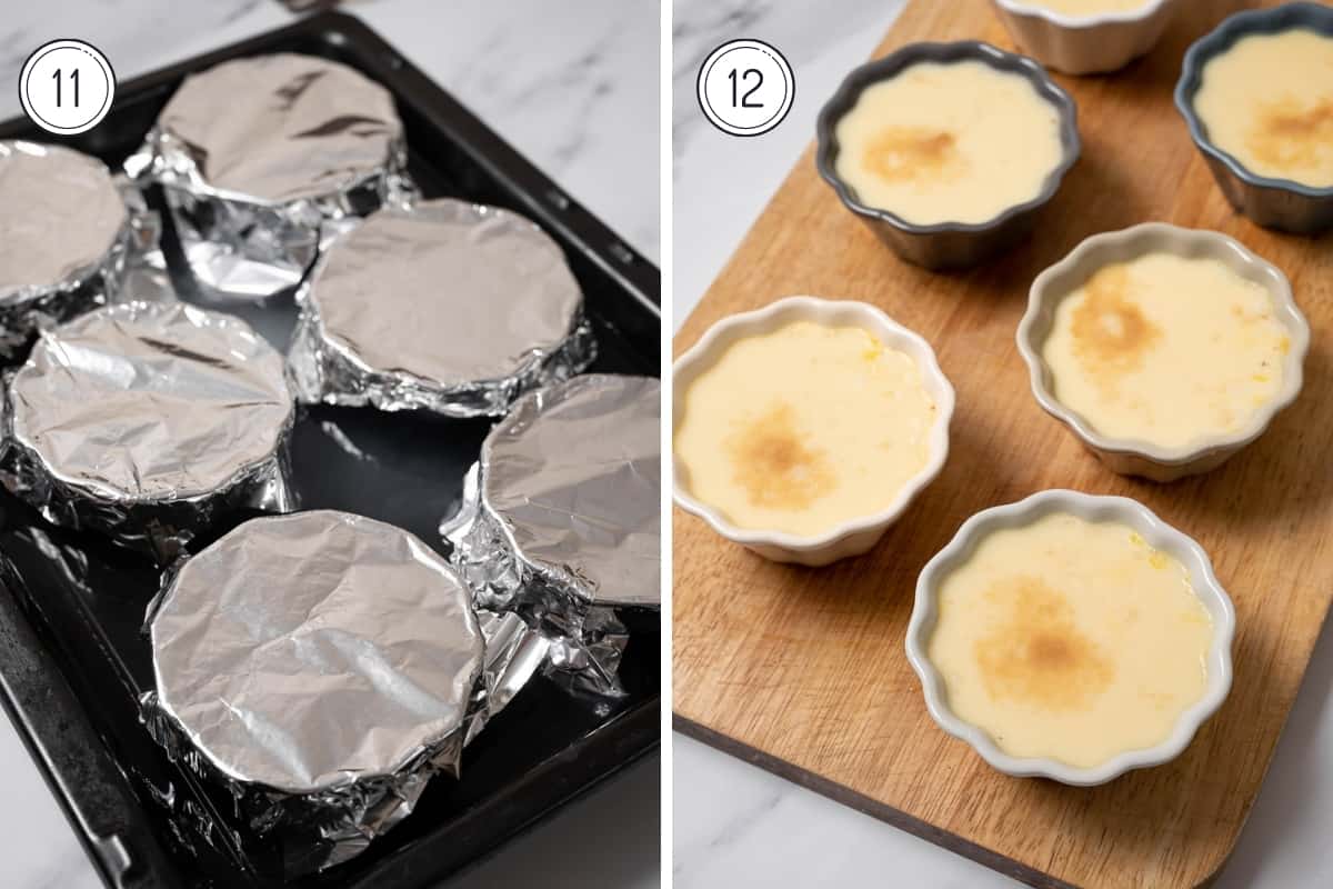 Making Spanish flan steps 11-12 baking in the oven covered in foil.