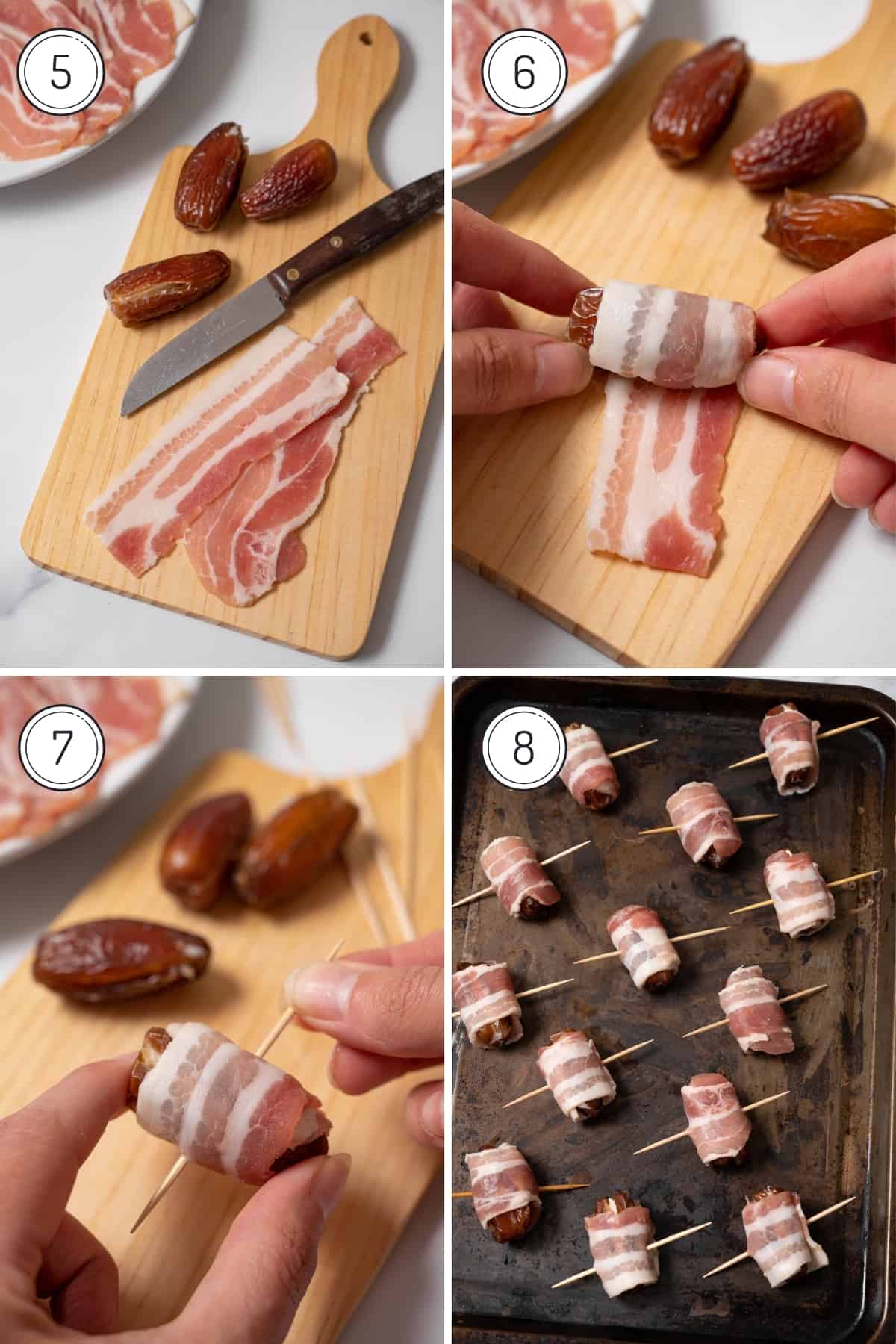 Stuffed dates wrapped in bacon steps 5-8 in a grid. Wrapping the dates with bacon and putting in a toothpick