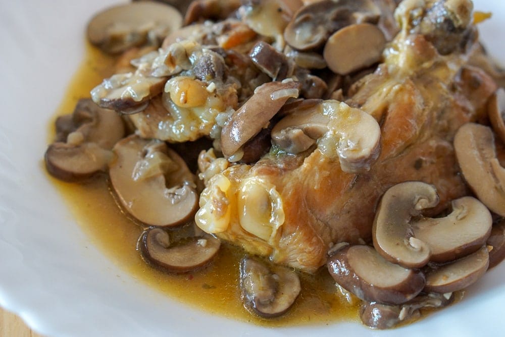 Spanish chicken with mushrooms in wine sauce