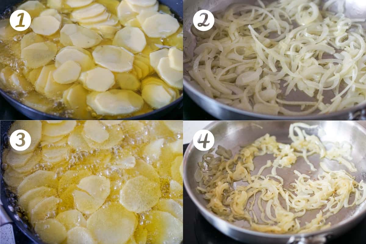 Spanish omelet recipe steps 1-4 in a grid. Step one sliced potatoes frying in olive oil in a cast iron skillet. Step two sliced onions frying in a pan. Step 3 the sliced potatoes fully fried. Step 4 the sliced onions browning in the pan.