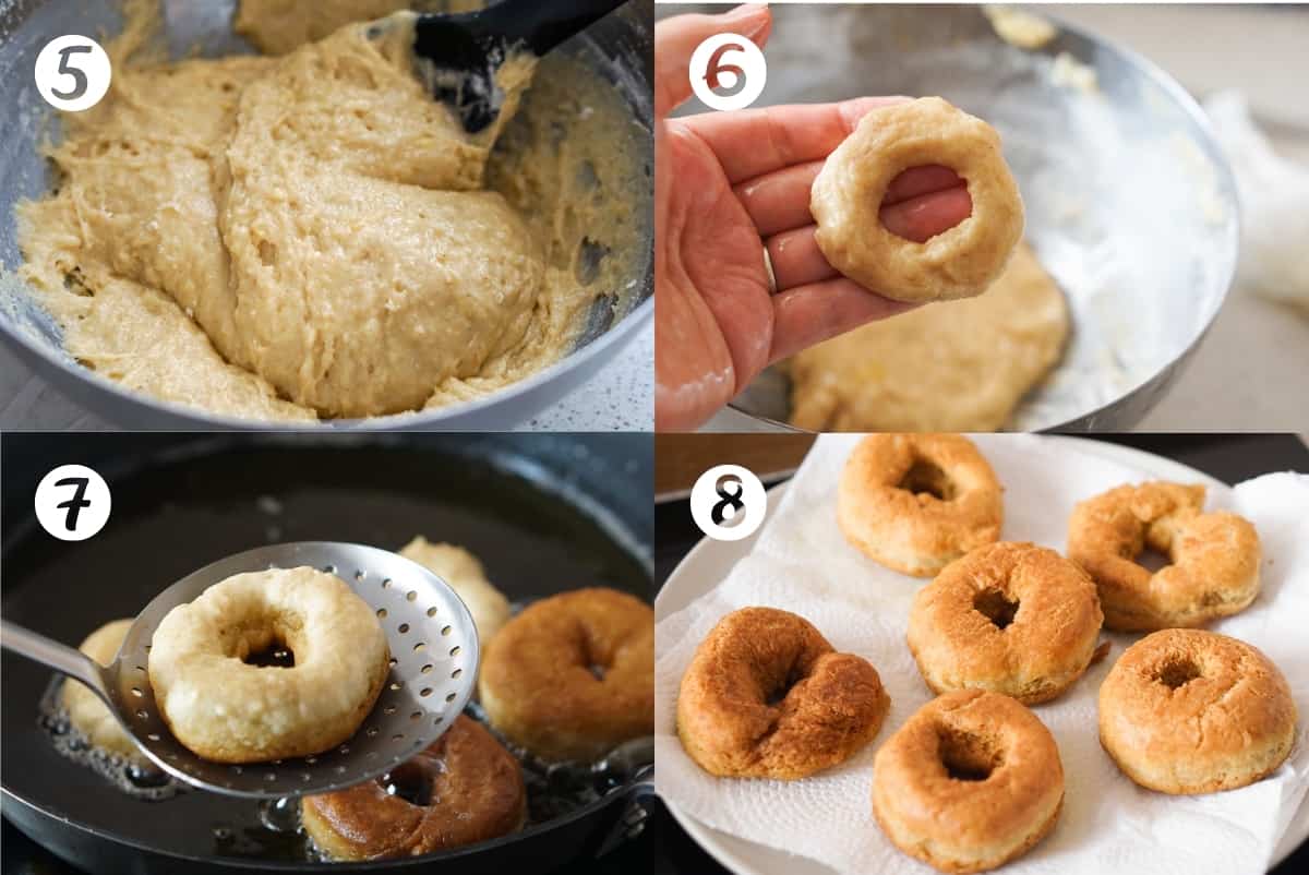 Fried donuts recipe steps 5-8 in a grid. Step 5 is a metal bowl with a tan dough inside. Step 6 is a hand holding a hand shaped ring of dough. Step 7 is donuts frying in a cast iron skillet. Step 8 is 6 small golden donuts resting on paper towels.