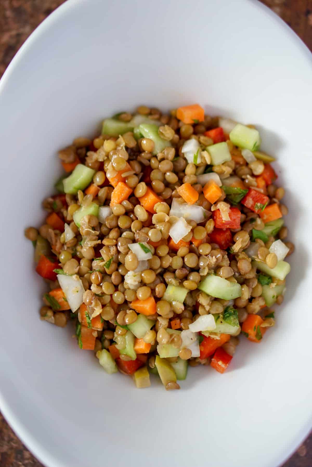 Overhead shot of lentil salad in a white bowl, a popular vegetarian tapas recipe.