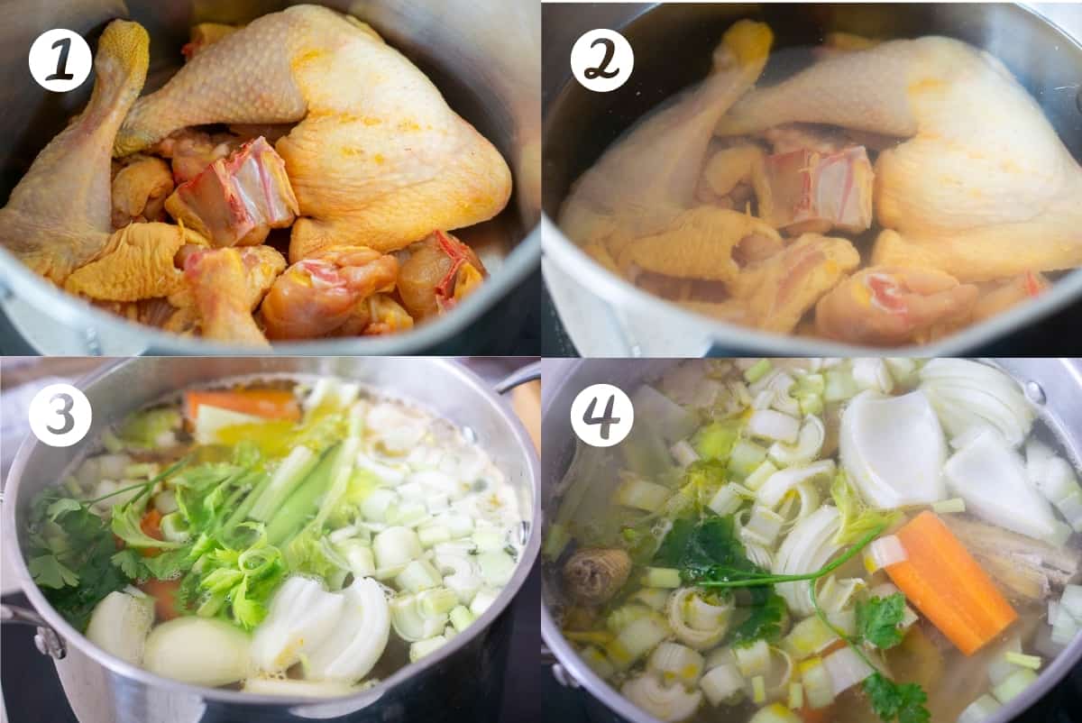 Caldo de pollo step by step photos in a grid. Raw chicken in a pot, chicken covered with water, vegetables on top of chicken in a pot, cooked caldo de pollo