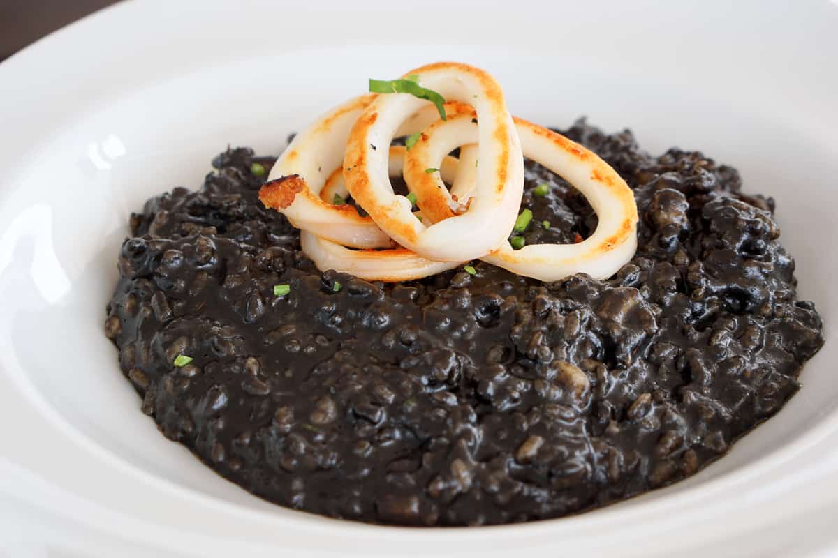 Creamy black rice in a white bowl with grilled rings of calamari on top.