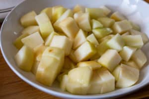 Bowl full of chopped pears.
