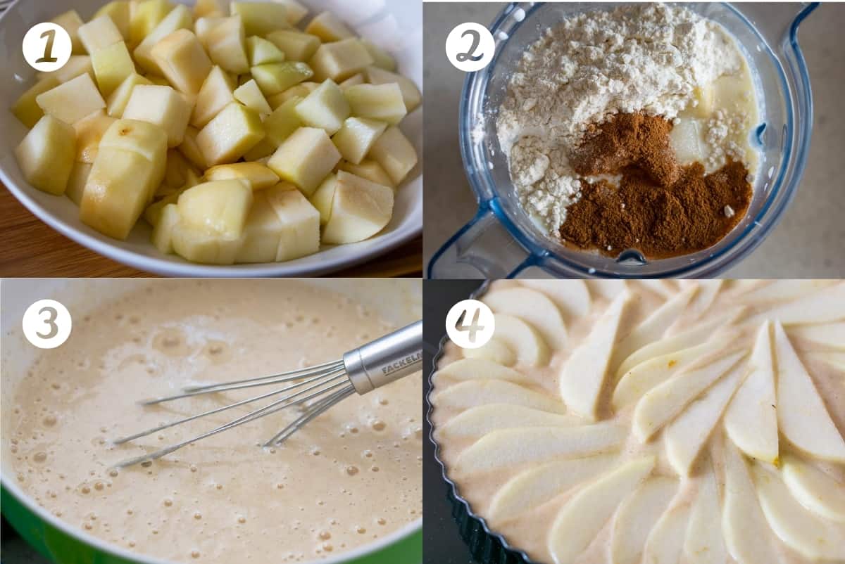 A grid showing the step by step process of making pear tart. Four photos that show the tart making steps.