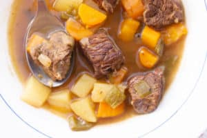 Close up of a bowl of Spanish beef stew