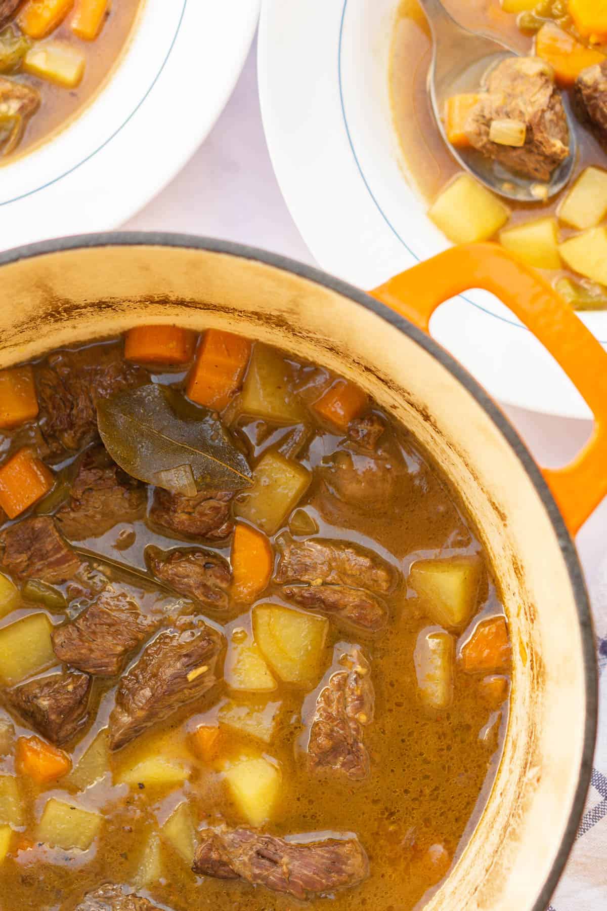 orange enamel pot filled with Spanish beef stew.