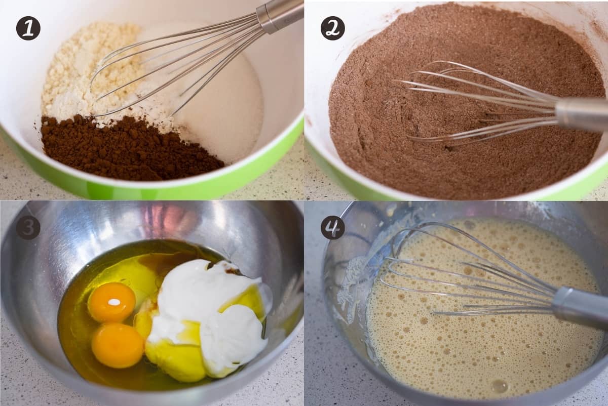 Steps 1-4 of making chocolate olive oil cake in a grid. Mixing the dry ingredients and wet ingredients.  