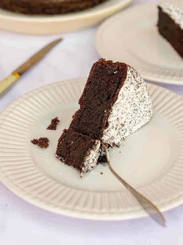 Slice of chocolate cake dusted with powdered sugar on a white plate.