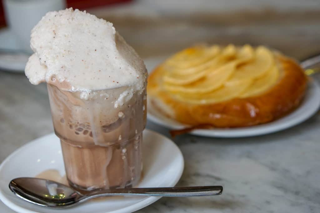 Chocolate and vanilla sorbet and an apple ensaimada in Mallorca