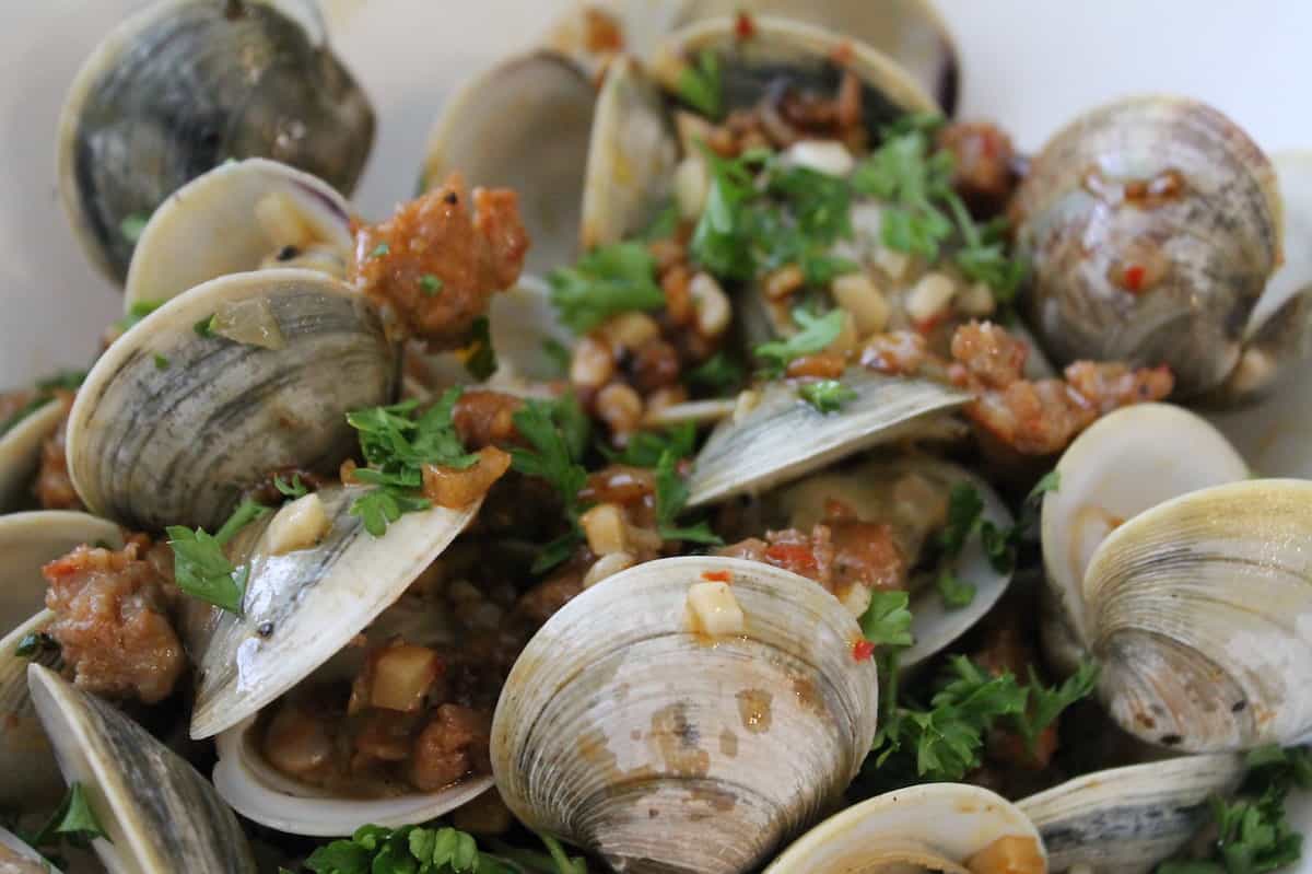 Close-up of clams with parsley, garlic, and crumbled chorizo.