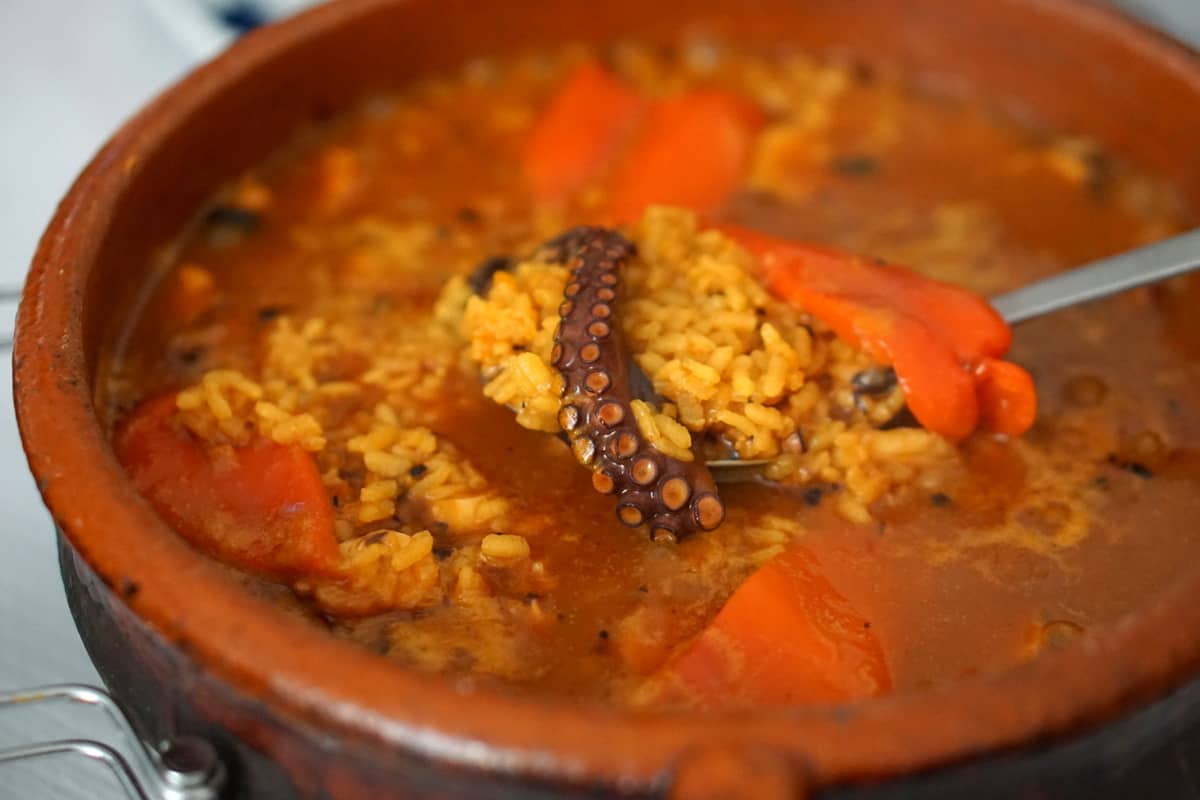A brothy rice dish with octopus from the Spanish region of Galicia