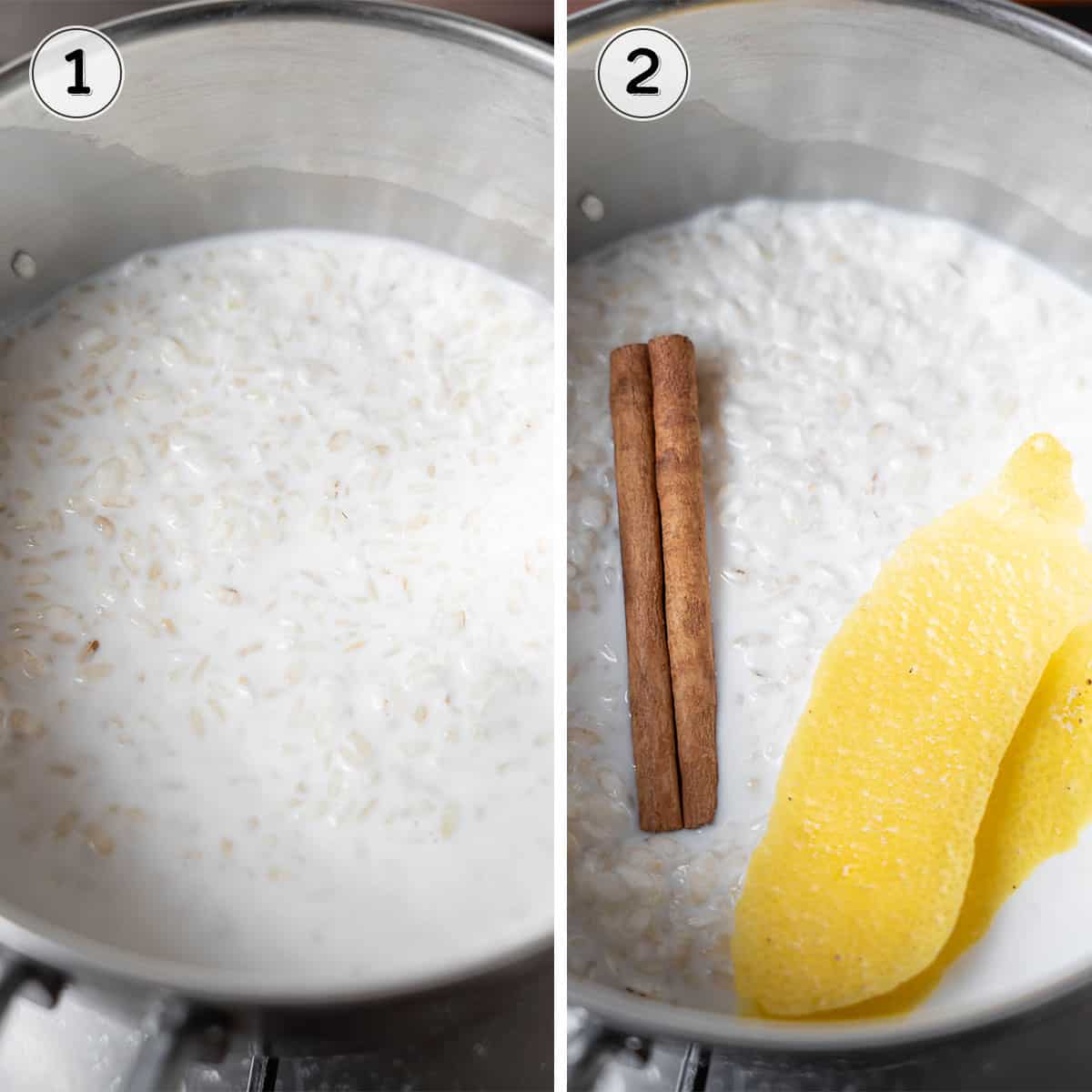 cooking the rice in milk with a cinnamon stick and lemon peel strips.