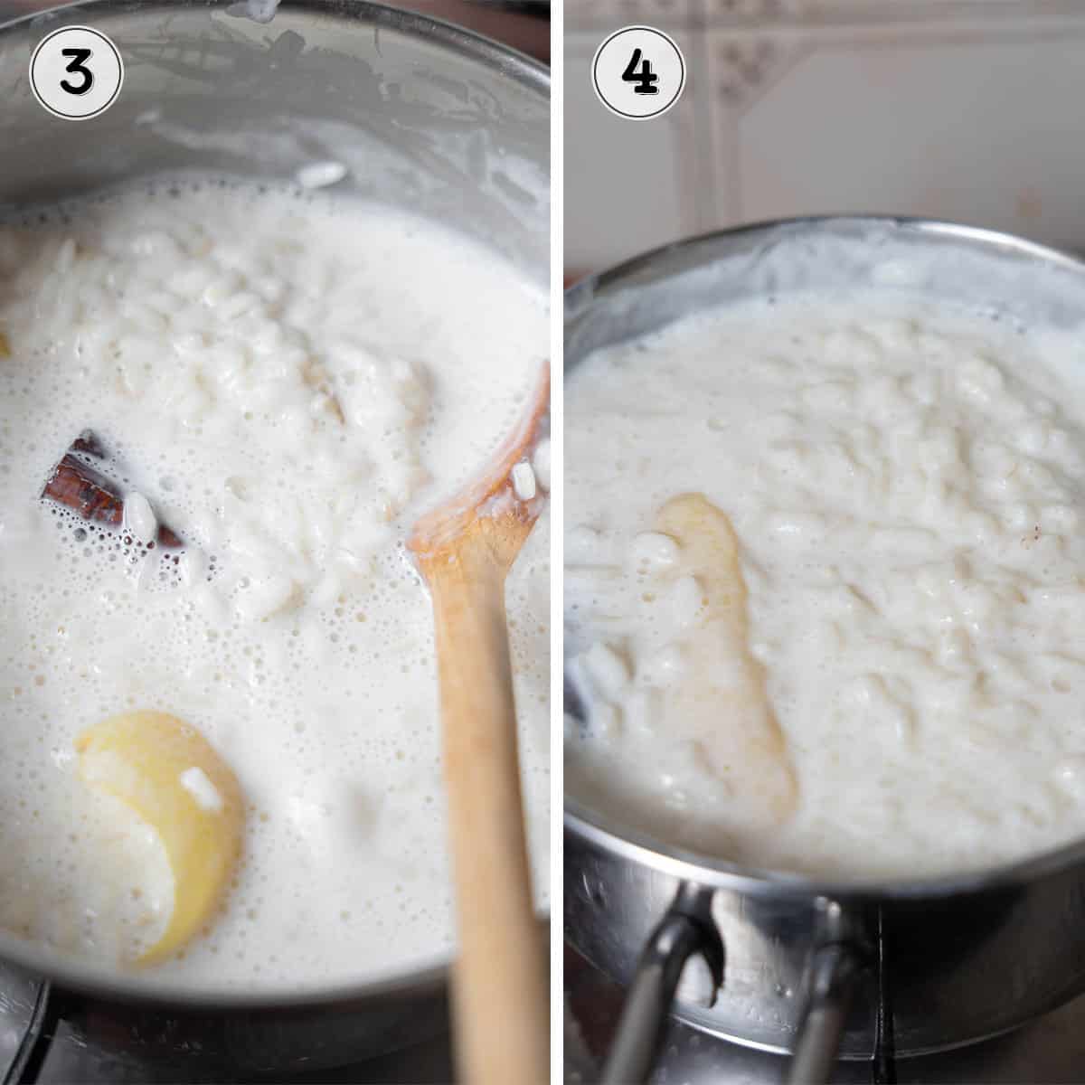 stirring the rice and simmering until thickened.