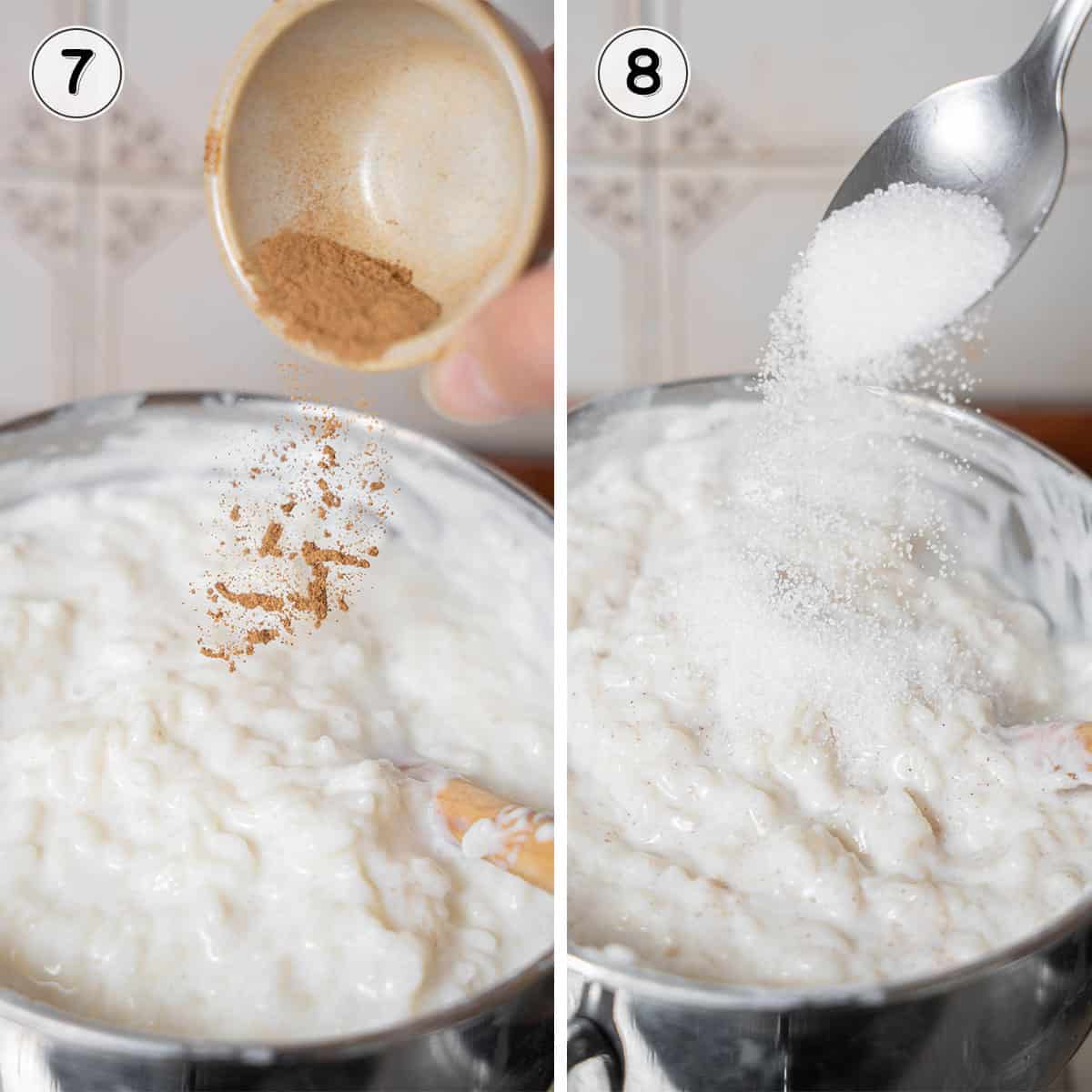 adding ground cinnamon and sugar to arroz con leche.