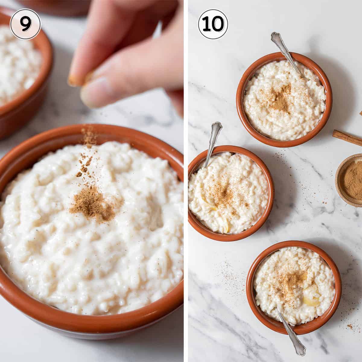 garnishing arroz con leche with cinnamon and serving in three small bowls.