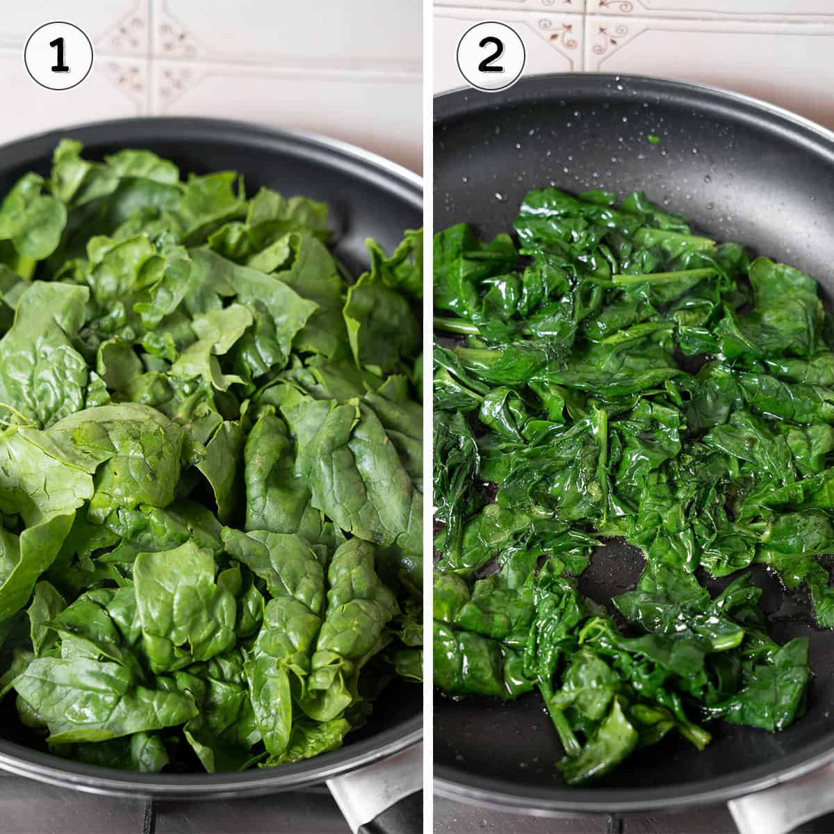 cooking fresh spinach in a large skillet.